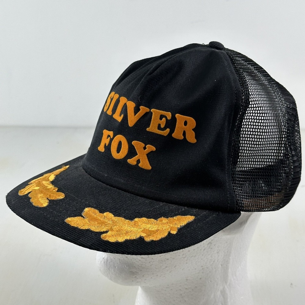 Vintage Silver Fox Trucker Hat Black Gold SnapBack Mesh Cap Funkap Made In USA
